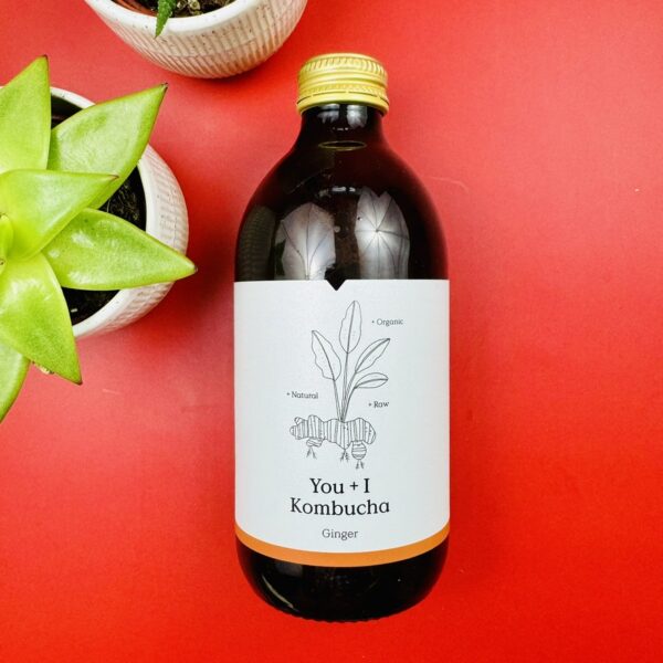 A picture of the You + I Ginger Kombucha that is included in the Walkers Wellness Box.