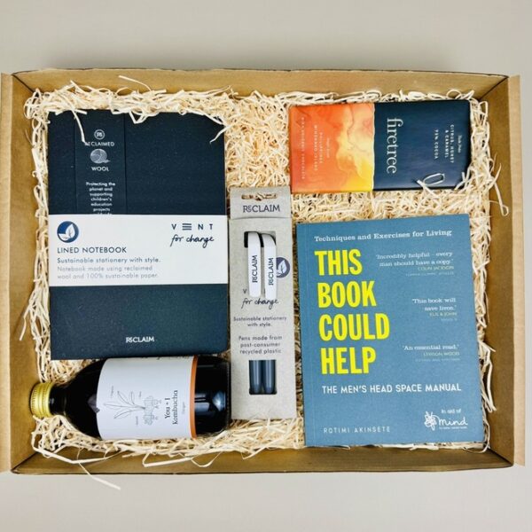 A picture of the range of goods in the gift box that are included in the Men's Care Package.