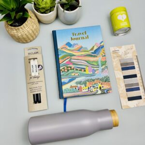 A picture of that range of gifts for a traveller that are included in the Mindful Traveller Gift Box