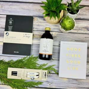 A picture of the wellness gift and range of prodcuts that are included in the Good Vibes Gift Box.
