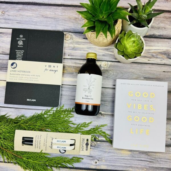 A picture of the wellness gift and range of prodcuts that are included in the Good Vibes Gift Box.